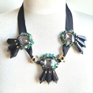 Chunky Lucite Crystal Black Green Statement Necklace Grosgarin  Ribbon